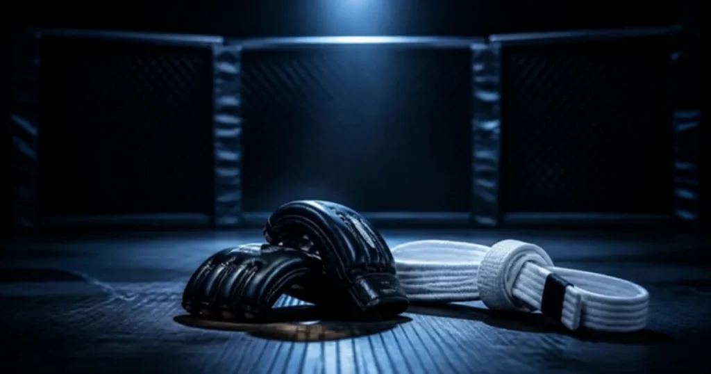 MMA gloves and a jiu-jitsu belt on a mat in front of an octagon under a spotlight