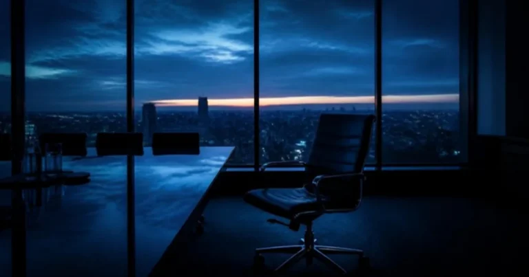 Empty chair at the head of a boardroom table facing a city skyline before dawn