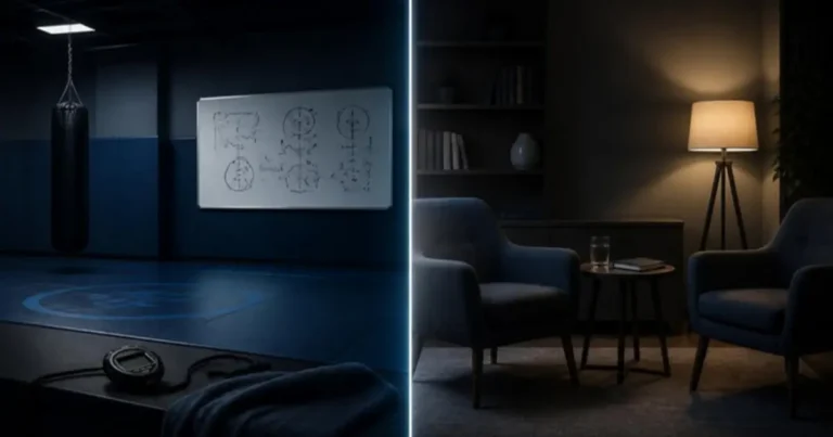 A combat-sports training room beside a quiet consulting room with two armchairs