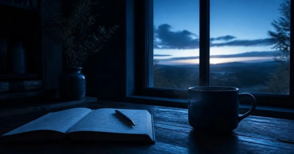 Open notebook, pen and coffee on a table by a window at dawn