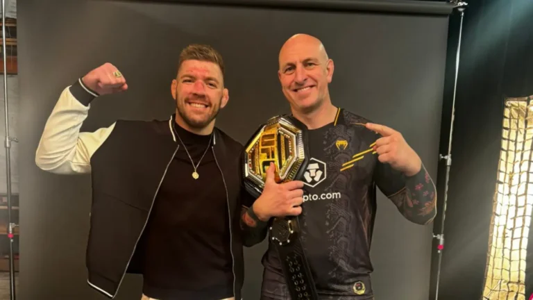 CoreCraft mental performance coach Niel with Dricus du Plessis and his UFC title belt