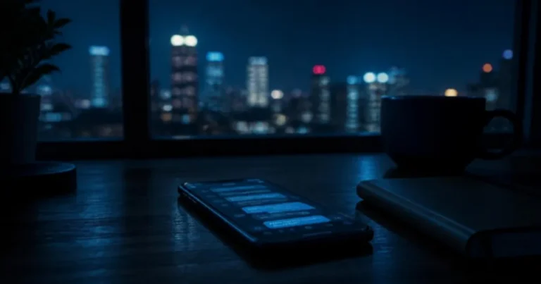Smartphone glowing with chat messages on a desk at night with city lights behind