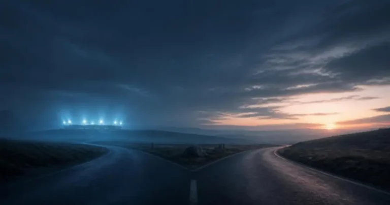 A road splitting at dawn, one path toward a lit stadium and one into open hills
