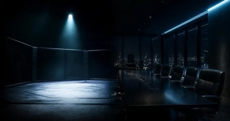 An empty octagon under a single spotlight beside an empty boardroom at night