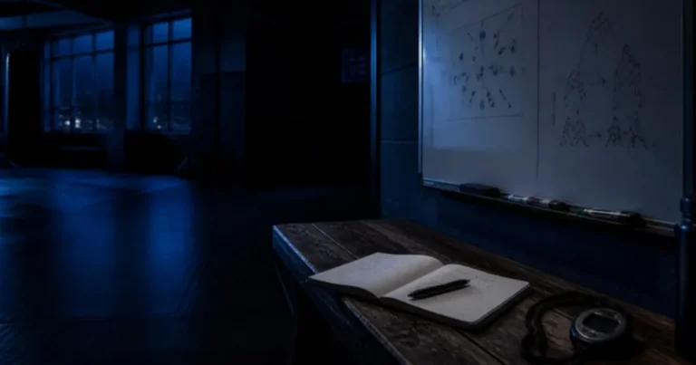 Quiet coaching room in a martial arts gym at night with a whiteboard, notebook and stopwatch