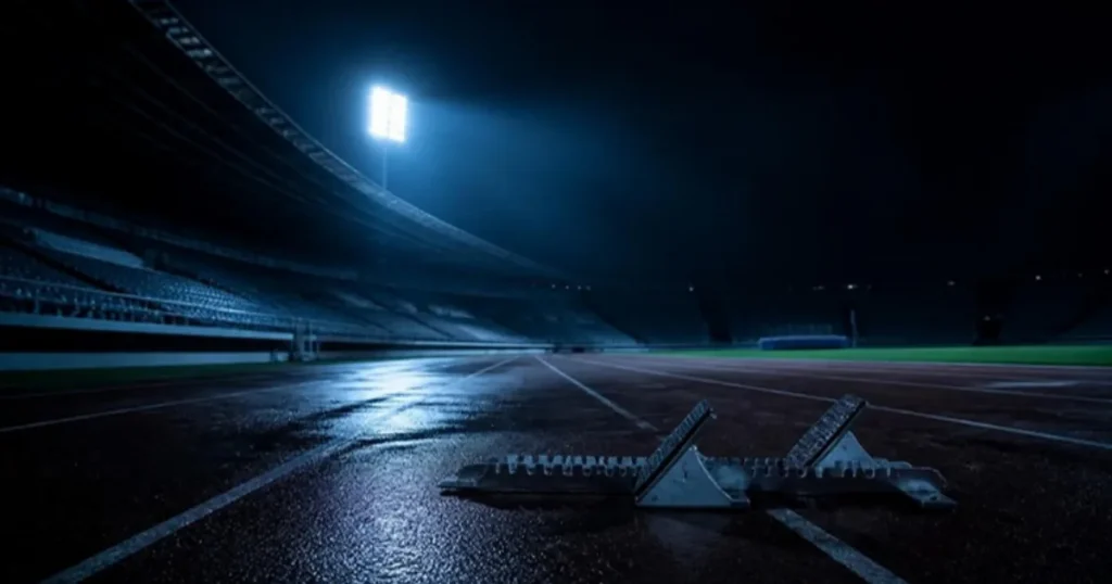 Starting blocks on an empty floodlit athletics track at night